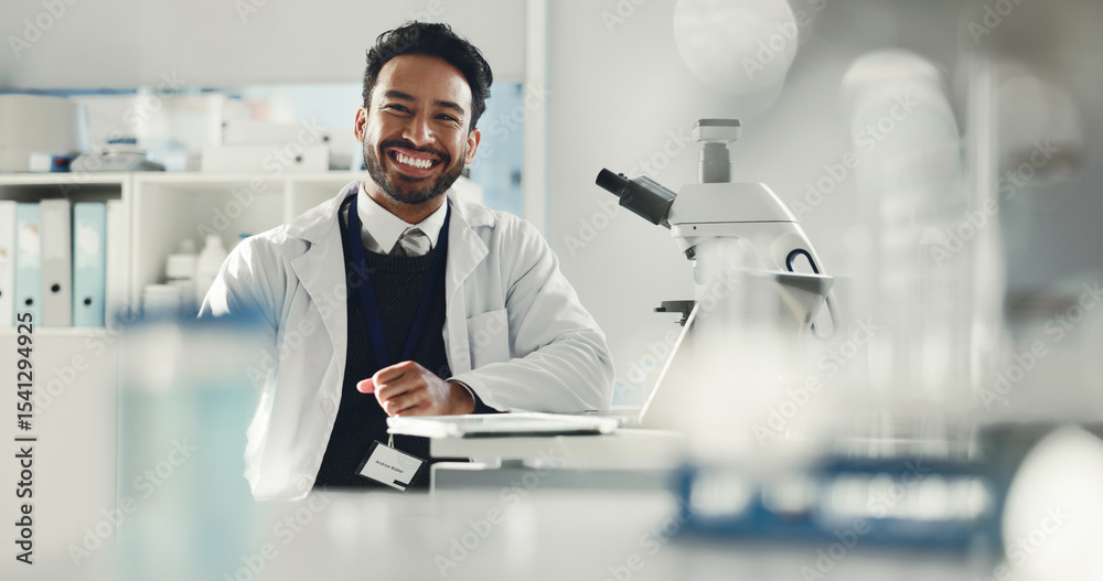 Poster portrait, science and man with smile, research and confidence with microscope. happy person, scienti