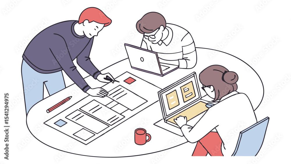 Poster three people collaborating on a project around a table with laptops and design sketches visible on t