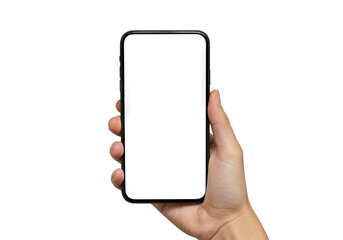 Hand holding modern smartphone with blank white screen against PNG background, smartphone, mobile phone, cell phone, hand, holding, blank screen, white screen, mockup, template, copy space, modern, te