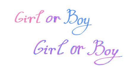 Lettering set. The words Girl or Boy. Isolated on a white background. Pink, blue, purple colors. Overlaying colors that create purple. Italic font. The word Girl in pink, Boy in blue. Or purple.