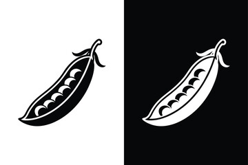 Black and White Peas Pod Silhouette. Vector Vegetable Icon Illustration