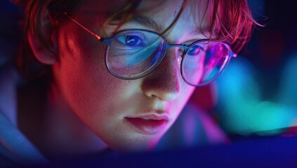 Closeup Portrait Freckled Teenager Neon Light Glasses