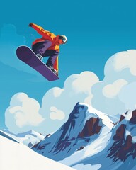 Snowboarder doing a big air jump in the mountains. Extreme winter sport action.