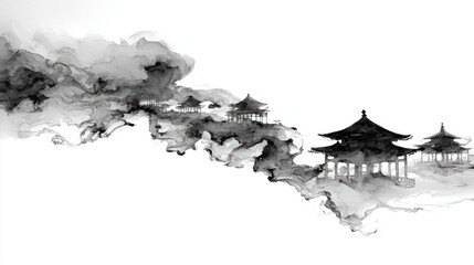 Ink Wash Painting of Traditional Pavilions Emerging from Clouds