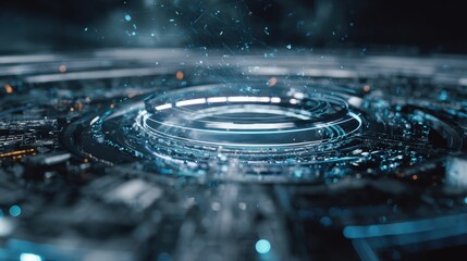 Futuristic Circular Interface with Glowing Elements and Particles