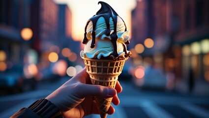 Close-Up of Hand Holding Double Scoop Ice Cream Cone with Chocolate Drizzle – Urban Background