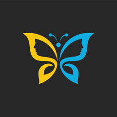 Minimalist butterfly logo featuring yellow and blue human profiles. A modern, symbolic design using negative space to represent harmony, duality, and balance.