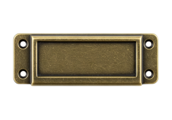 Vintage brass label holder with mounting holes isolated on a PNG background, brass, label holder, antique, vintage, retro, metal, hardware, frame, blank, label, plate, sign, nameplate, old, classic,