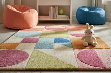 Colorful Geometric Rug with Plush Texture and Plush Toy