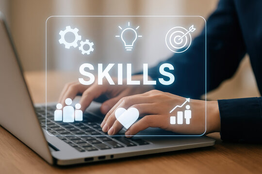 Hands Typing on Laptop with Glowing Skills Interface and Icons Representing Growth, Creativity, and Personal Development