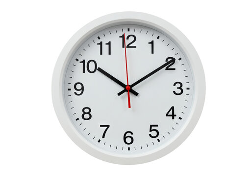 White analog wall clock displaying the time against a stark PNG background ready to be used, clock, wall clock, time, timing, white, black, analog, round, dial, numbers, hands, second hand, minute h