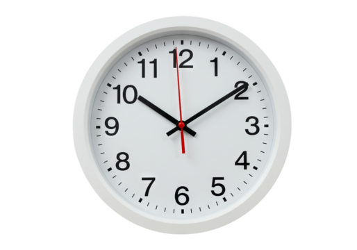 White analog wall clock displaying the time against a stark PNG background ready to be used, clock, wall clock, time, timing, white, black, analog, round, dial, numbers, hands, second hand, minute h