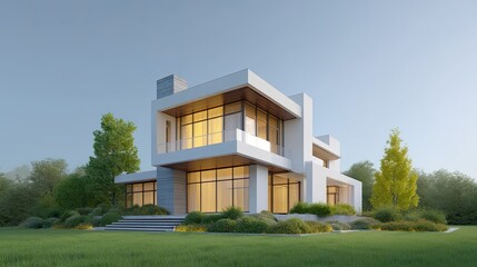 Fototapeta premium Modern Architectural Home Surrounded by Lush Green Landscape