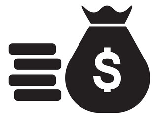 Silhouette illustration features a stack of coins represented by three horizontal lines and a large sack with a dollar sign.