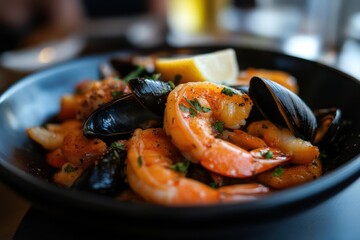 seafood paella in a pan