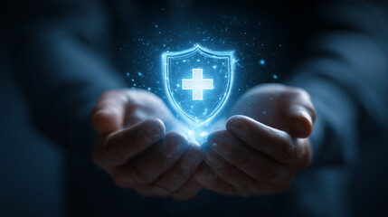 Glowing digital shield with a plus sign, cradled in hands. Represents healthcare protection, safety, security, and wellness. Symbolic of digital health solutions.