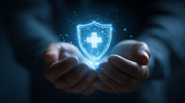 Glowing digital shield with a plus sign, cradled in hands. Represents healthcare protection, safety, security, and wellness. Symbolic of digital health solutions. - Powered by Adobe