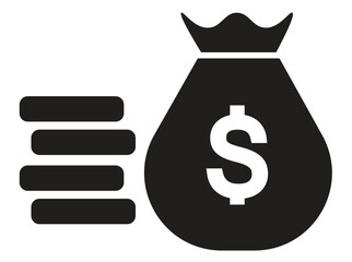 Silhouette illustration features a stack of coins represented by three horizontal lines and a large sack with a dollar sign.