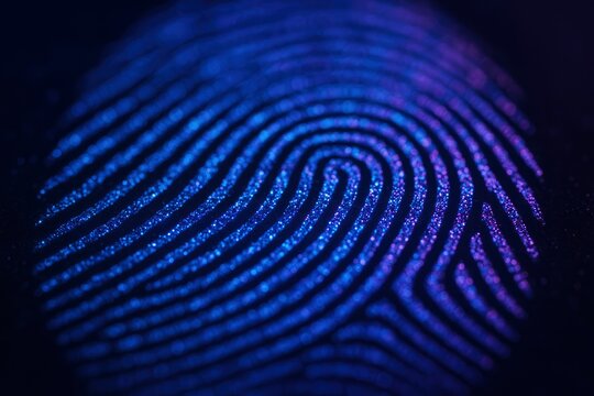 Macro Shot of Glowing Blue Fingerprint on Dark Background, Representing Biometric Security and Digital Identity - Powered by Adobe