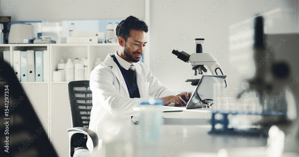 Poster man, scientist and typing on laptop in lab for research, medical study and test feedback. male perso