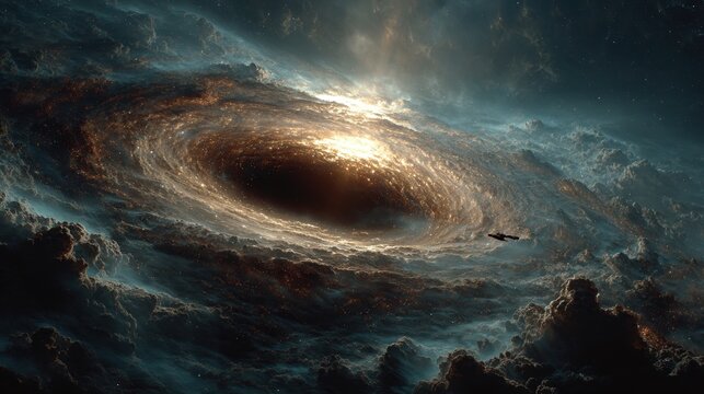 A spacecraft approaches a swirling cosmic vortex amidst starlit clouds.