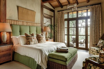 Warm Minimalist Interior – Soft Beige, Brown, and Green Palette. Houseplants create coziness. Unity with nature.