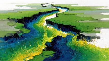 Satellite View of Coastal Ecosystem with River Delta and Vegetation