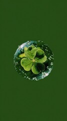Four-leaf clover encased in a water droplet against a green background