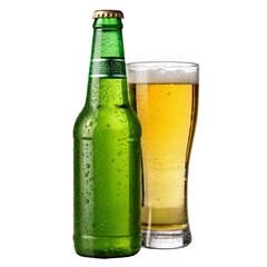 Cold brown glass beer bottle with refreshing drops on a white background