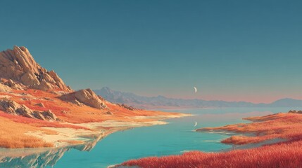 Serene Landscape with Calm Waters and Rocky Hills