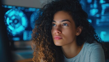 Contemplative woman with curly hair illuminated by blue digital screen