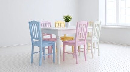 Elegant dining room with pastel chairs and bright white table