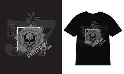 Skull silhouette in cap with crossed fishing rods and hooks on background - cut out vector emblem.