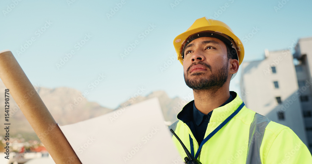 Aufkleber blueprint, thinking and engineering with man in city for progress report, architecture and contracto