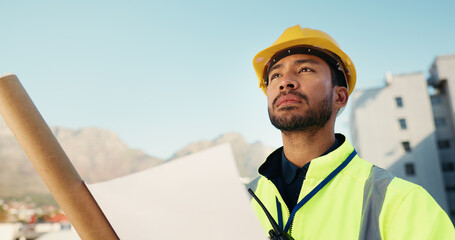 Blueprint, thinking and engineering with man in city for progress report, architecture and...