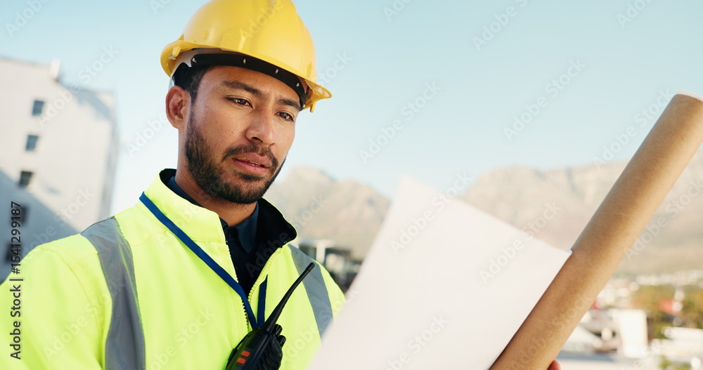 Poster blueprint, reading and engineering with man in city for progress report, architecture and contractor