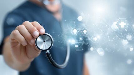 Digital Healthcare Doctor Holding Stethoscope, Medical Technology, Networked Care