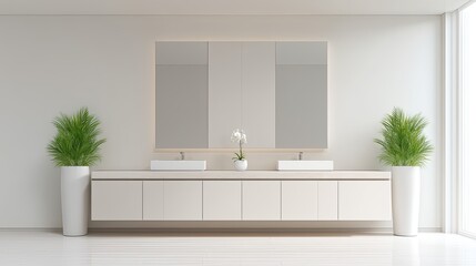Modern Minimalist Bathroom with Double Sink and Green Plants