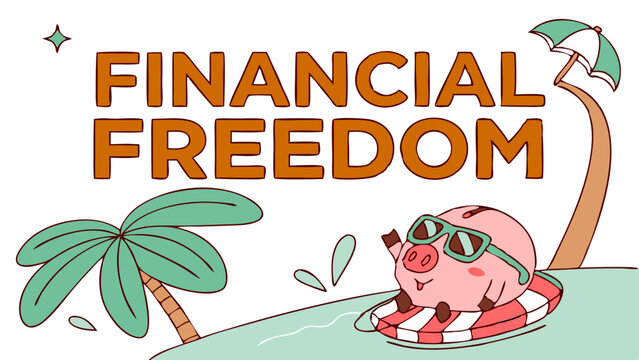 lettering of financial freedom with a piggy bank relaxing on a float - Powered by Adobe