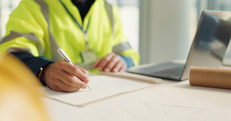 Office, hands and contractor drawing blueprint for draft, architecture project and construction. Floor plan, engineering and man sketching for real estate ideas, property development and model design