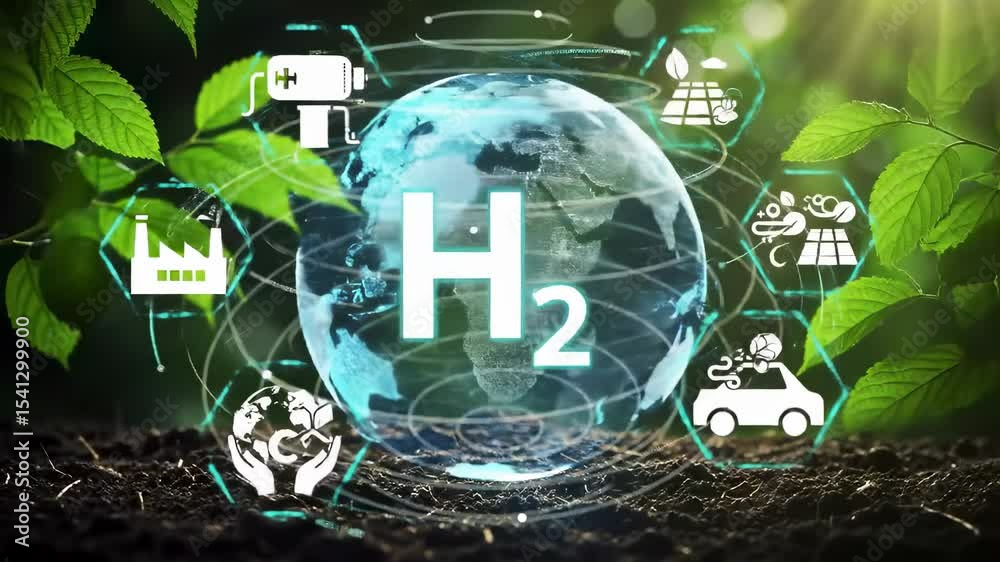 Aufkleber globe with h2 symbol surrounded by icons of sustainable energy and technology amidst green leaves vi