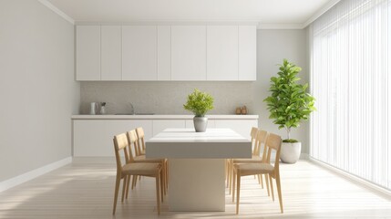 Modern Minimalist Dining Room with Wooden Furniture and Plants