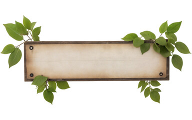 wooden photo frame with green leaves on transparent background