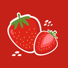 Strawberry illustration with white outline. Healthy food vector. Fruit cartoon. Can be used for wallpaper, sticker, and decoration