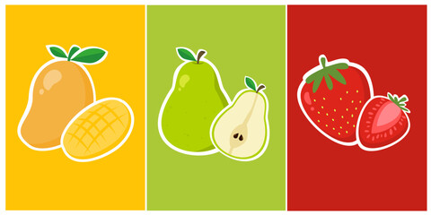 Fruit illustration set. Mango, pear and strawberry. Healthy food cartoon.