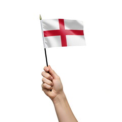 A caucasian woman holding a small flag of England. Patriotism and national pride concept for political events and sports.