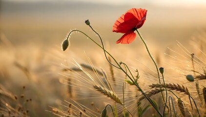 A red poppy flower is in the middle of a field of wheat