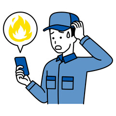 スマートフォンでSNSが炎上して困っているつなぎ作業服の男性