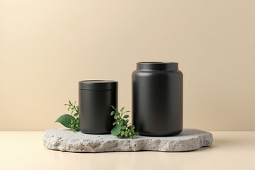 Bottles, and cookies in containers, isolated on a white background with a touch of red