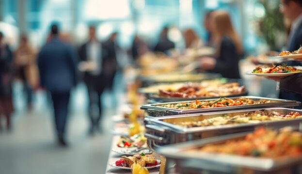Elegant buffet spread with diverse dishes and blurred figures at a corporate event